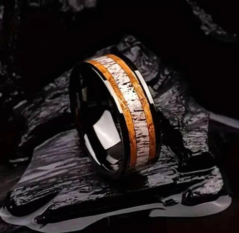 Men's 8mm Tungsten Deer Antler Whiskey Barrel Wood Inlay Engagement Wedding Band